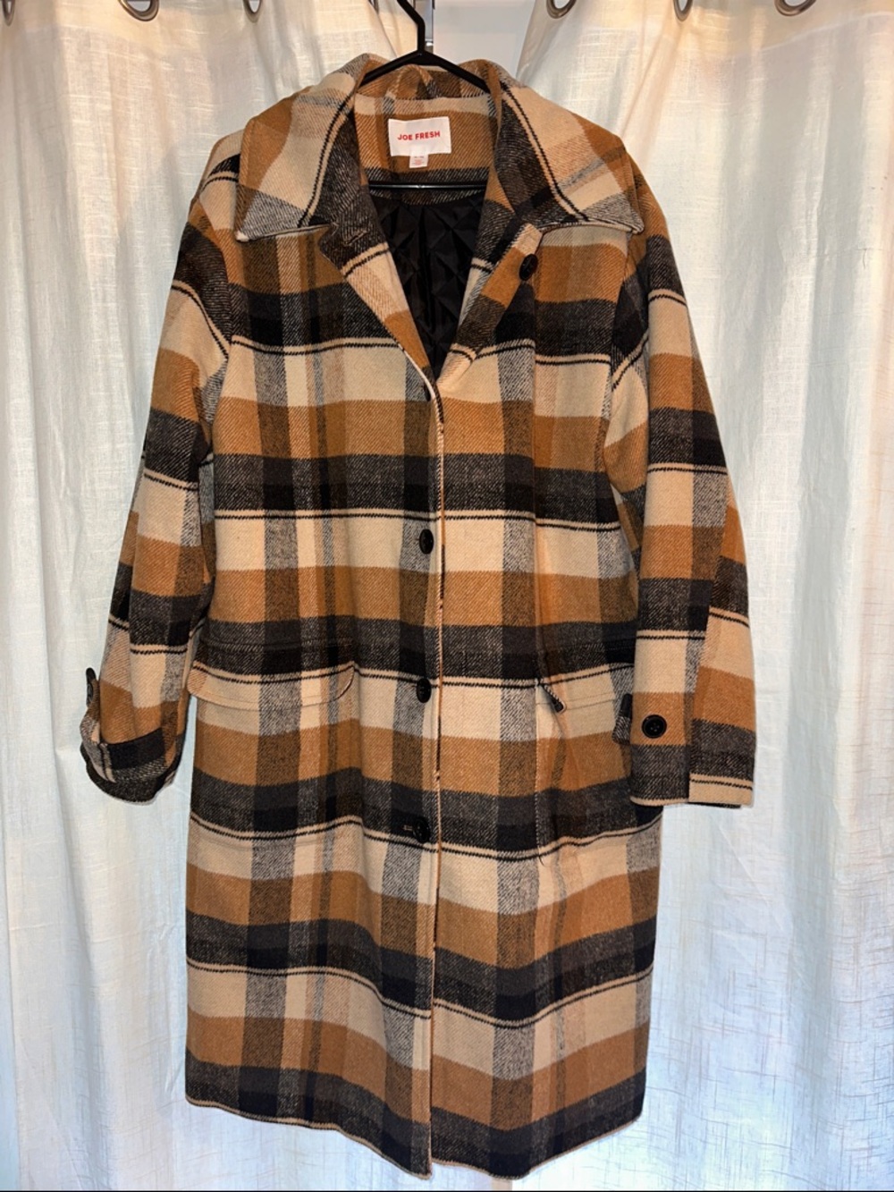 Joe Fresh Wool Blend Plaid Coat in Tan, Black & Cream